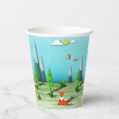 折り紙の森の風景とキツネの山と鳥 紙コップ (正面)