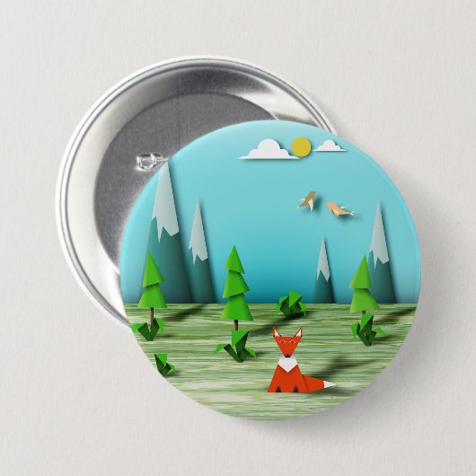 折り紙の森の風景とキツネの山と鳥 缶バッジ (正面&裏面)