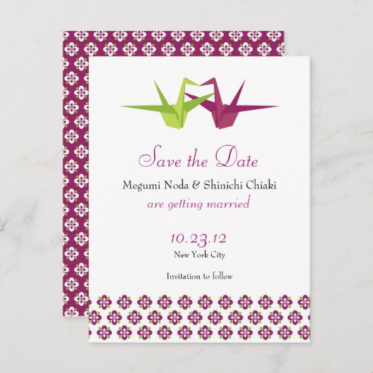 折り紙の紙の鶴の結婚式 セーブザデート (正面/裏面)