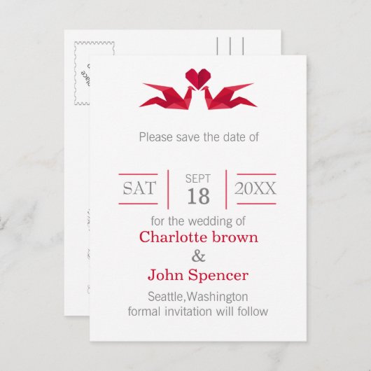 折り紙の赤い鶴の結婚式は日付を除く 案内ポストカード (正面/裏面)