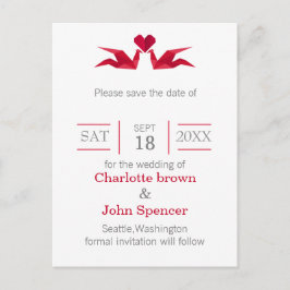 折り紙の赤い鶴の結婚式は日付を除く 案内ポストカード
