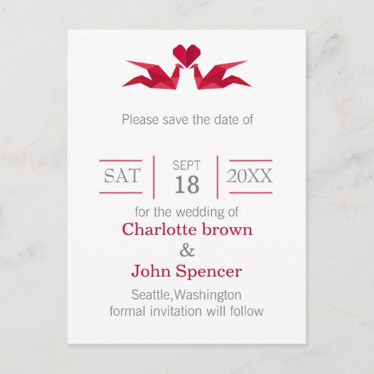 折り紙の赤い鶴の結婚式は日付を除く 案内ポストカード (正面)