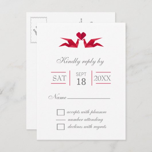 折り紙の赤い鶴の結婚式svp インビテーションポストカード (正面/裏面)
