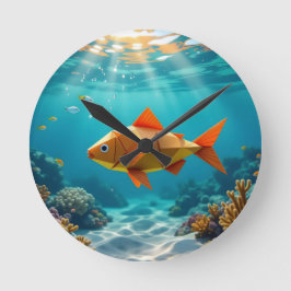 折り紙の魚とタツノオトシゴの海 ラウンド壁時計
