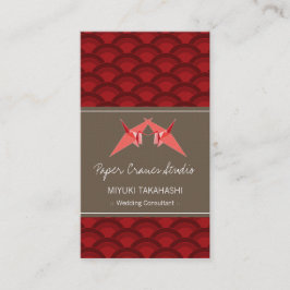 折り紙キスをする紙クレーン&赤ホタテ模様 名刺