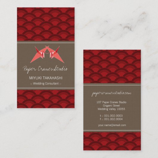 折り紙キスをする紙クレーン&赤ホタテ模様 名刺 (正面/裏面)