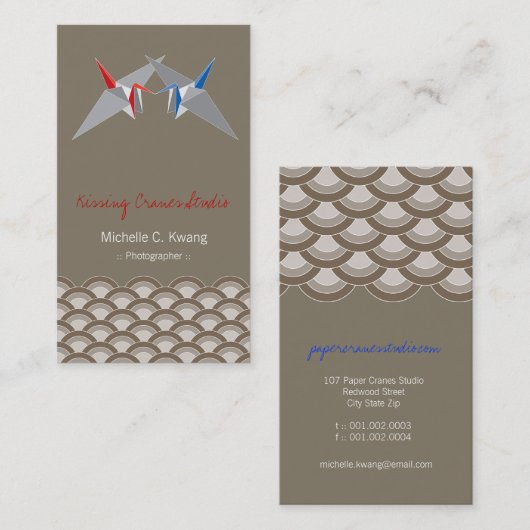 折り紙キスをする紙鶴&スキャロプ禅模様 名刺 (正面/裏面)