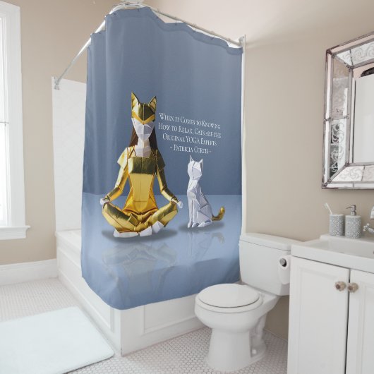 折り紙ゴールドフォイルめい想ヨガのキャットウーマンと猫 シャワーカーテン (インサイチュ)