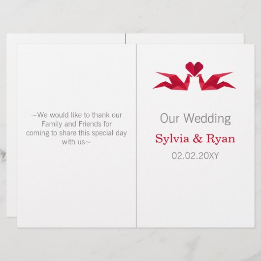 折り紙レッドクレーンのバイフォールド結婚式 プログラム (正面/裏面)
