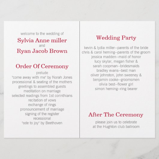 折り紙レッドクレーンのバイフォールド結婚式 プログラム (裏面)