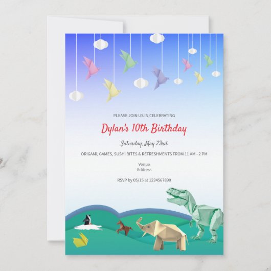 折り紙動物クレーズホワイト任意の年齢の誕生日パーティー 招待状 (正面)