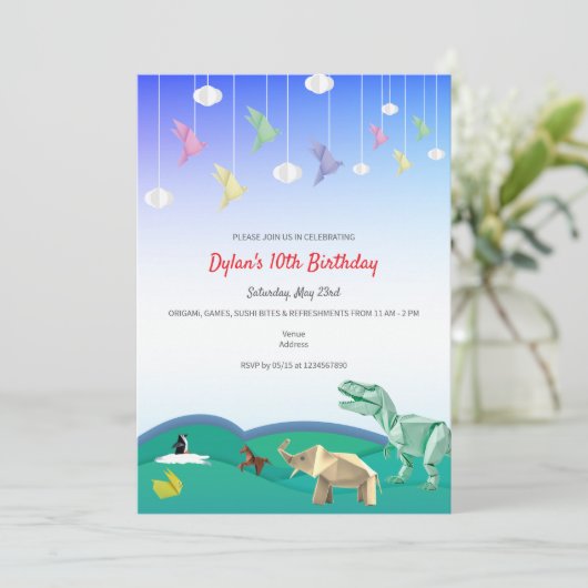 折り紙動物クレーズホワイト任意の年齢の誕生日パーティー 招待状 (スタンド正面)