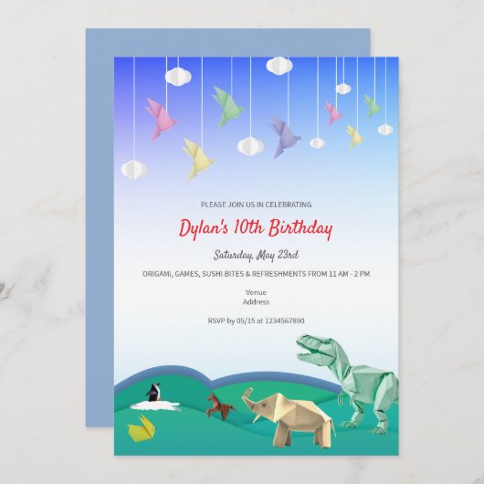 折り紙動物クレーズホワイト任意の年齢の誕生日パーティー 招待状 (正面/裏面)