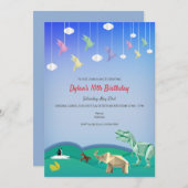 折り紙動物 & 折り紙の鶴　あらゆる年齢の誕生日パーティー 招待状 (正面/裏面)