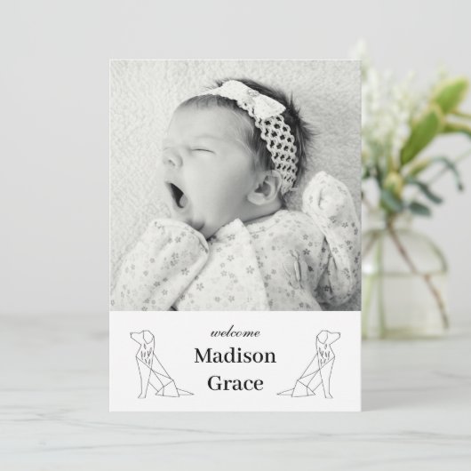 折り紙犬ユニセックスベビー写真誕生のお知らせ 案内状 (スタンド正面)