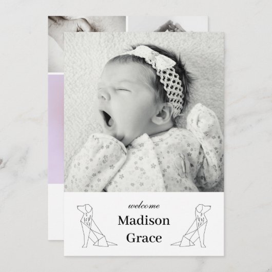 折り紙犬ユニセックスベビー写真誕生のお知らせ 案内状 (正面/裏面)