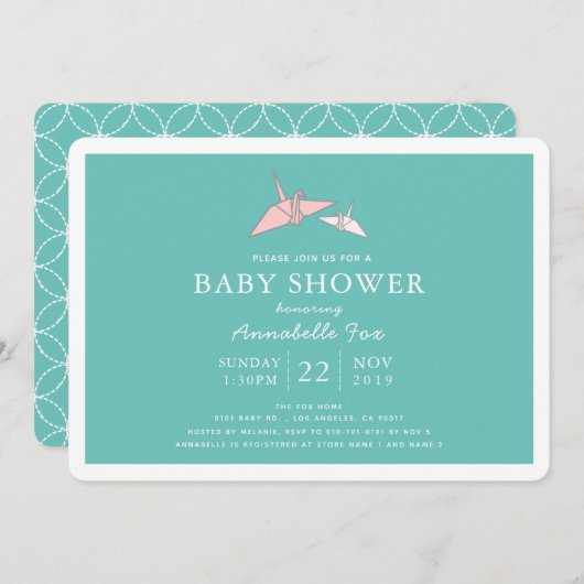 折り紙紙クレーンティール（緑がかった色）ベビーシャワー招待状 招待状 (正面/裏面)