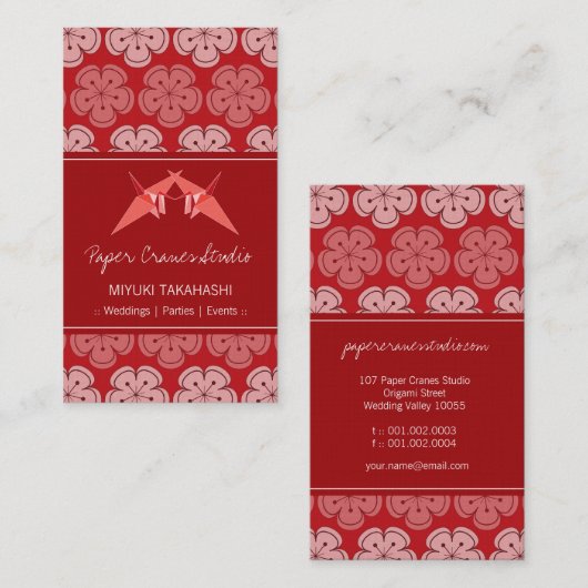 折り紙紙クレーン&レッド桜さくらんぼの花 名刺 (正面/裏面)