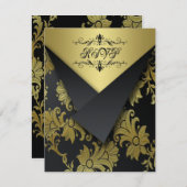 折り返しは黒および金ゴールド花RSVPのカード2を見ます 出欠カード (正面/裏面)