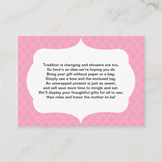 折り返し挿入カードなしベビーまたはブライダルシャワーピンク エンクロージャーカード (正面)