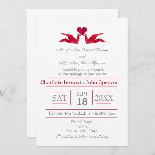 折り鶴の結婚式招待状 招待状 (正面/裏面)