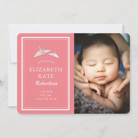折り鶴フォトピンク出産発表カード 招待状 (正面)