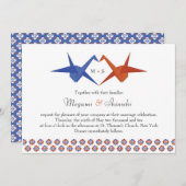 折り鶴結婚(青 – 焦げオレンジ) 招待状 (正面/裏面)