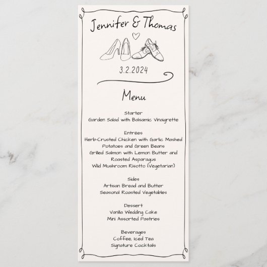 折衷的な手描きドードル結婚の靴メニュー プログラム (正面)