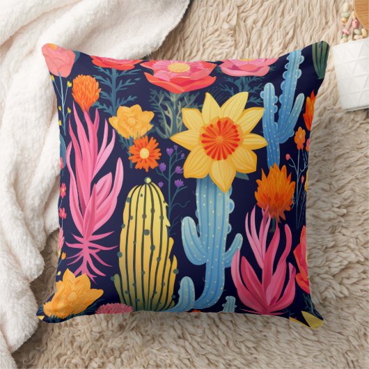 折衷的はっきりしたイエローピンクレッドネイビーフローラサボテン クッション (ブランケット)