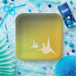 折鶴と紗綾形紋様（金地に紺青色）のペーパープレート ペーパープレート