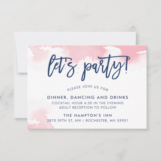 披露宴かわいい手レターネイビーのピンクの水色 招待状 (正面)