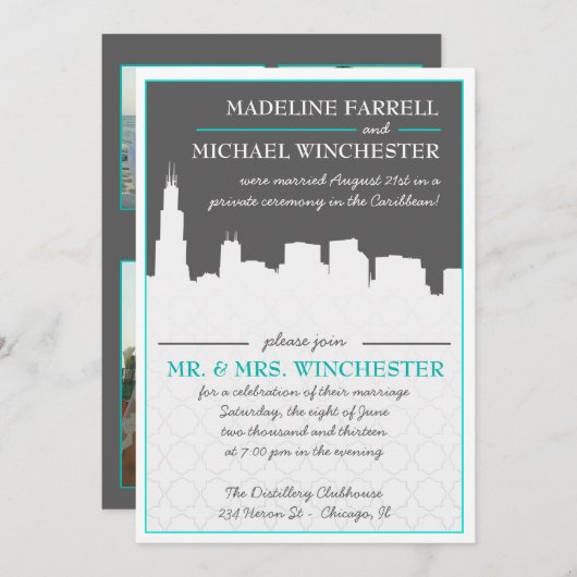 披露宴のシカゴのスカイラインの結婚式の写真だけInvit 招待状 (正面/裏面)