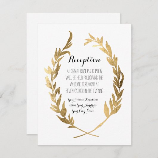 披露宴の月桂樹のリースのモダンでフェイクな金ぱく エンクロージャーカード (正面/裏面)