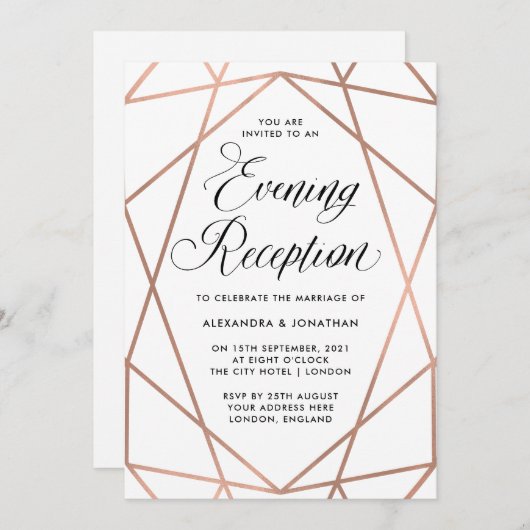 披露宴を均等にする最小主義のモダンなのどのばら色の金ゴールド 招待状 (正面/裏面)