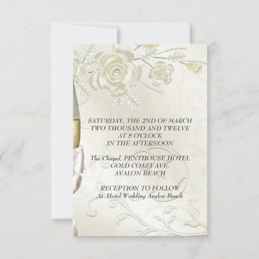 披露宴カー結婚ドの金ゴールドクリームパールフローラ 招待状 (裏面)