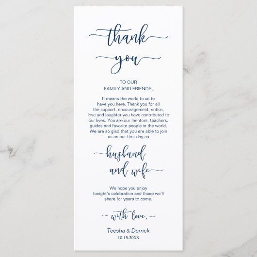 披露宴プレース設定ありがとう、ネイビーブルー、カード プログラム (正面)