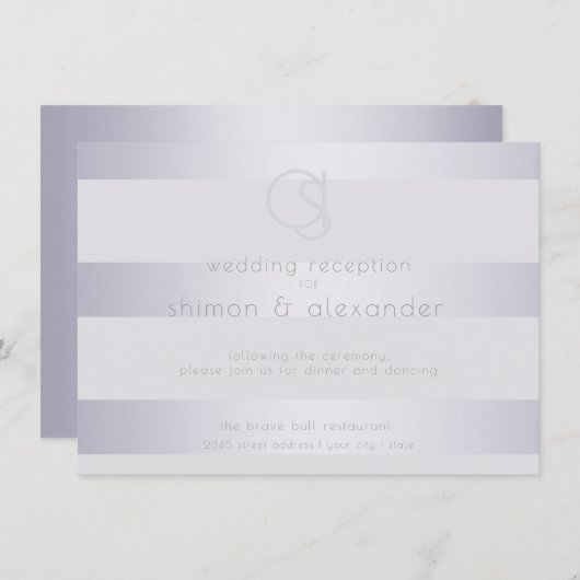 披露宴 | バイオレットシルバーきらめくストライプズモノグラム エンクロージャーカード (正面/裏面)