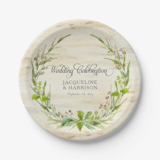 披露宴BOHOリースリーフ樺の木ウッド素朴秋 ペーパープレート (正面)