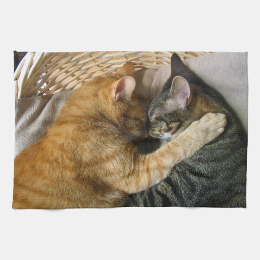 抱きしめている2匹の睡眠の虎猫猫 キッチンタオル (横)