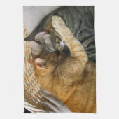 抱きしめている2匹の睡眠の虎猫猫 キッチンタオル (縦)