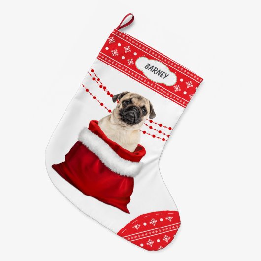 抱き枕かわいいパグドグスノーフレーク縁ど ラージクリスマスストッキング (正面 (吊り時))