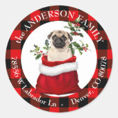 抱き枕かわいいパグドッグプレイドフレーム差出人住所 ラウンドシール (正面)