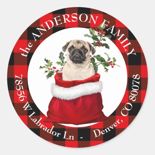 抱き枕かわいいパグドッグプレイドフレーム差出人住所 ラウンドシール (正面)