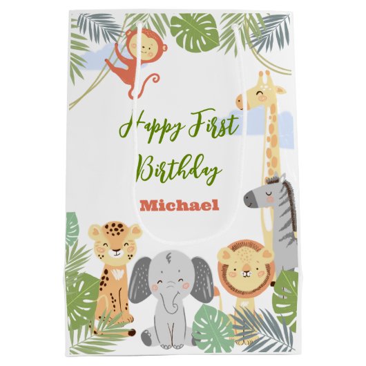 抱き枕かわいい動物と最初の誕生日。 ミディアムペーパーバッグ (裏面)