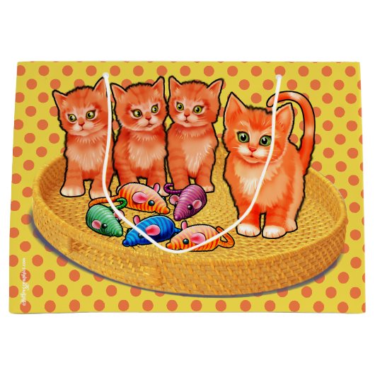 抱き枕の可愛い子猫水玉模様デザイン ラージペーパーバッグ (正面)