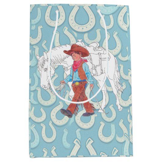 抱き枕の若いカウボーイと馬 ミディアムペーパーバッグ (正面)