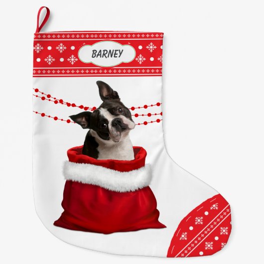 抱き枕キュートボストンテリアードッグスノーフレーク縁ど ラージクリスマスストッキング (正面)