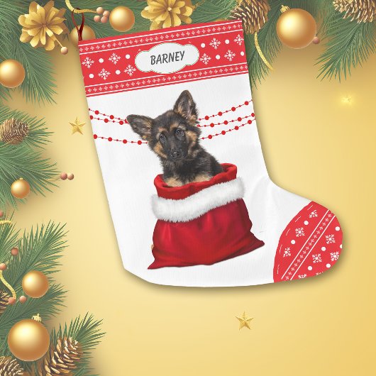 抱き枕ジャーマンシェパードパピーススノーフレーク縁ど ラージクリスマスストッキング