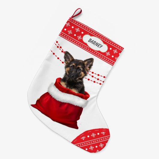 抱き枕ジャーマンシェパードパピーススノーフレーク縁ど ラージクリスマスストッキング (正面 (吊り時))