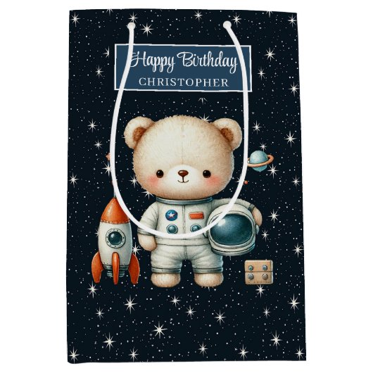 抱き枕パーソナライズされた宇宙ベア誕生日 ミディアムペーパーバッグ (正面)